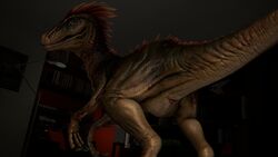 3d_(artwork) animal_genitalia cloaca digital_media_(artwork) dinosaur dromaeosaurid feathered_dinosaur feathers female feral gaping gaping_cloaca genitals looking_at_viewer raised_tail reptile scalie solo source_filmmaker theropod