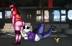 2girls accidental_exposure accidental_pantsing angry angry_expression ass banana_peel belly belly_button black_eyes breasts chetoh chubby chubby_female claire_(chetoh) clothed clothed_female commission commissioner_upload dolphin_shorts egg falling_down female female_focus female_only grabbing_another's_clothes grabbing_shorts hair looking_back_at_another looking_down_at_another oc original original_character original_characters pants pantsing photo_background pink_skin pinky_(chetoh) purple_shirt red_hair red_shirt shirt shoes slipped slipping white_body