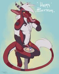 anthro cake claws dessert dragon food furniture hair hi_res horn long_tongue looking_at_viewer male mythological_creature mythological_scalie mythology razr_(character) scalie sitting smile solo stool tail tail_tuft tongue tongue_out tuft xenoforge