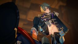 fatui lohen_(genshin_impact) genitals genital_fluids genshin_impact toes footjob domination dominant sadistic femboy background_character mmd 3d 3d_model pov_male censored otoko_no_ko dick cock stepping_on_penis stepped_on