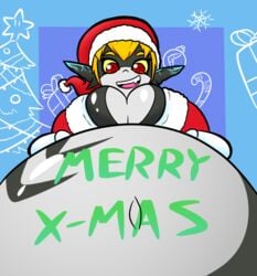 1girls cleavage female female_only gloves huge_belly huge_breasts imp_midna long_ears long_hair midna mr.casino nintendo orange_hair red_eyes santa_costume santa_hat shortstack smile smiling stuffing the_legend_of_zelda twilight_princess writing_on_skin