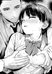 1boy 1girls age_difference areolae assertive_male assisted_exposure black_hair blush blushing blushing_female bra bra_down bra_lift breast_fondling breast_grab breasts breasts_out caressing_breasts clothed ear_blush exposed_breasts female female_focus fondling fondling_breast fondling_breasts grabbing_another's_breast grabbing_breasts groping groping_breasts larger_male male/female medium_breasts monochrome necktie nipples older_male older_male_and_younger_female older_man_and_teenage_girl open_clothes original perky_breasts puffy_areola puffy_nipples school_uniform schoolgirl schoolgirl_uniform short_hair shy size_difference student sweat sweatdrop teacher teacher_and_student teenage_female teenage_girl teenager tomboy torii_yoshitsuna younger_female