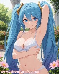 1girl ai_generated aianoart armpits bangs bare_shoulders blue_eyes blue_hair blush bow bra breasts cleavage closed_mouth collarbone eyebrows_visible_through_hair flower hair_between_eyes hair_ornament league_of_legends long_hair looking_at_viewer medium_breasts navel outdoors panties pillar pink_flower plant smile solo sona_buvelle twintails underwear underwear_only very_long_hair white_bra white_panties