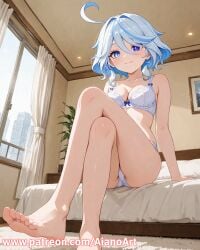 aianoart 1girl underwear panties breasts bra barefoot blue_eyes feet solo sitting smile white_bra looking_at_viewer ahoge white_panties soles indoors blue_hair toes crossed_legs medium_breasts underwear_only on_bed cleavage bed patreon_username hair_between_eyes short_hair blush bare_shoulders collarbone multicolored_hair bare_legs plant bangs bow_bra closed_mouth watermark eyebrows_visible_through_hair ai_generated furina_(genshin_impact) genshin_impact