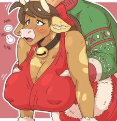 1boy 1girls 2020 accessory anthro arm_support bell bell_collar bent_over big_breasts blush bovid bovine breast_squeeze breasts breath brown_eyes brown_hair cattle christmas christmas_clothing christmas_sweater christmas_topwear cleavage clothed clothing collar costume duo eyelashes female from_behind grabbing grabbing_from_behind hair hair_accessory hair_ribbon hairbow hi_res holidays horn human looking_pleasured male male_human/female_anthro mammal moan molly_(slightlysimian) nipple_outline nipples onomatopoeia open_mouth ponytail ribbons santa_costume sex slightlysimian sound_effects straight sweater teeth text tongue topwear