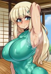 1girls 2d ai_generated arm_up armpit_fetish armpit_focus armpit_peek armpits big_breasts blonde_hair blush dojo embarrassed female female_focus female_only green_eyes green_sweater hair_ornament hairclip hi_res hibiki120 huge_breasts large_breasts light-skinned_female long_hair looking_aside looking_away looking_to_the_side lower_body_out_of_frame marvelous no_sleeves one_arm_up outdoors outside round_breasts senran_kagura senran_kagura_(series) showing_armpits smelly_armpits solo standing steam steaming_body sweat sweaty sweaty_body upper_body yomi_(senran_kagura)