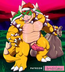 2020 animal_genitalia anthro bowser christmas christmas_clothing christmas_headwear chubby_male claws clothing conditional_dnp costume genital_slit genitals hair hat headgear headwear hi_res holidays horn knot koopa male male_only mario_(series) muscular muscular_anthro muscular_male nakoo nintendo penis red_hair santa_claus santa_hat scalie slit solo solo_male spikes super_mario_64 video_games yellow_body