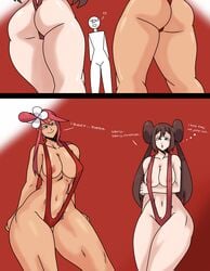 2girls alternate_costume ass bikini blue_eyes brown_hair charge_sol christmas dark_skin female highres holiday_rosa holiday_skyla_(pokemon_masters) long_hair looking_at_viewer navel nintendo pokemon pokemon_bw pokemon_bw2 pokemon_masters red_hair rosa_(pokemon) skyla_(pokemon) smile tagme thick thick_legs thick_thighs thighs