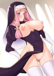 1girl alternate_costume ass_visible_through_thighs bar_censor blunt_bangs blunt_tresses blush breasts breasts_out censored commentary_request commission covered_navel elbow_gloves female female_only fire_emblem fire_emblem_fates gloves hallway highres hisakabe_oto indoors large_breasts long_hair looking_at_viewer low_twintails mitama_(fire_emblem) nipples no_panties nun nun_headdress pelvic_curtain pink_hair pussy revealing_clothes skeb_commission skindentation solo star-shaped_pupils star_(symbol) symbol-shaped_pupils thick_thighs thighhighs thighs tight_clothes twintails white_thighhighs wide_hips