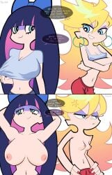 2girls 2koma anger_vein angry annoyed areolae belly big_breasts blonde_hair blue_eyes bowtie_on_head breast_envy breast_out breast_size_comparison breast_size_difference breasts cleavage earrings english_text exposed_breasts eyelashes eyeshadow female female_only frustrated gradient_hair hands_behind_head hands_on_hips hands_under_breasts hands_up highres hoop_earrings humiliated large_breasts light-skinned_female light_skin long_hair looking_at_another looking_away narrowed_eyes navel nipples no_bra p0stalk pants panty_&_stocking_with_garterbelt panty_anarchy pointy_breasts presenting presenting_breasts proud pulling_clothing purple_hair shorts siblings sisters small_breasts smirk smug stocking_anarchy stomach text topless topwear two-tone_hair waist white_background white_topwear yellow_hair