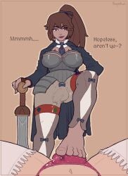 1boy 1futa armor barefoot brigand_(tales_of_androgyny) bulge bulge_through_clothing commission cum cum_drip cum_in_panties dialogue dickgirl dominant dominant_female dominant_futa feet femboy foot_fetish footjob futa_sans_pussy futadom futanari hiro_(tales_of_androgyny) intersex kepchuk laying_down laying_on_back lipstick malesub panties smiling standing stepped_on stepping_on_penis stockings sword tales_of_androgyny