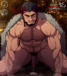 1boy abs absurdres bara beard black_hair blurry blurry_background body_hair chest_hair christmas christmas_tree cum demon_boy demon_horns facial_hair foreskin fur-trimmed_jacket fur_trim glowing glowing_eyes hairy highres horns jacket kneeling krampus leg_hair looking_at_viewer male male_focus male_only male_pubic_hair merry_christmas muscular muscular_male navel navel_hair nipple_piercing nipples nude original pectorals penis piercing pubic_hair ryans short_hair solo spread_legs thick_thighs thighs uncensored veins veiny_penis yellow_eyes