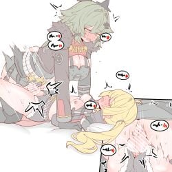 absurdres anus ass bar_censor bed black_gloves black_shorts blonde_hair blood_from_vagina blush breast_size_difference breasts caesar_king_(zenless_zone_zero) censored cleavage clothed_sex clothes_lift crop_top defloration erection futa_with_female futanari gloves green_hair hair_between_eyes hair_ornament highres horns jacket large_breasts long_hair looking_at_another luciana_de_montefio lying missionary multiple_girls navel nipples on_back on_bed open_mouth penis physisyoon pussy sex shirt_lift shorts side_ponytail simple_background size_difference small_breasts spread_legs testicles thighhighs vaginal virgin yellow_eyes zenless_zone_zero zipper