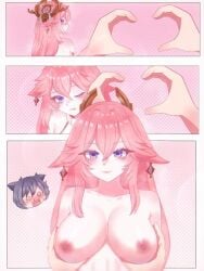 1girls blush boobs female female_only genshin_impact hands_on_boobs hikarumii long_hair looking_at_partner looking_back one_eye_closed yae_miko