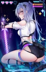 1girl ass bare_shoulders black_boots black_shorts boots breasts clothing_cutout crop_top fingerless_gloves fishnet_shorts fishnet_socks fishnets gameplay_mechanics gloves grey_eyes grey_hair hair_ornament health_bar heart honkai:_star_rail honkai_(series) long_hair looking_at_viewer looking_back medium_breasts planted planted_sword planted_weapon ponytail rimuu shirt short_shorts shorts shoulder_cutout silver_wolf_(honkai:_star_rail) silver_wolf_(lv.999)_(honkai:_star_rail) socks solo sparkle squatting sword thigh_strap thighs very_long_hair weapon white_shirt