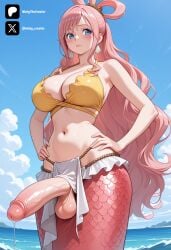 1futa 1girl ai_generated bare_shoulders big_breasts bikini bikini_top_only blue_eyes blue_sky blush breasts cleavage closed_mouth cloud cock dick earrings erection from_front front_view futa_only futanari hair_rings hands_on_own_hips huge_penis jewelry large_breasts large_penis light_skin light_skinned_futanari long_hair looking_at_viewer mermaid monster_girl navel nickythecreator ocean one_piece outdoors pelvic_curtain penis pink_hair precum sexy sexy_body sexy_pose shirahoshi sky solo standing stomach swimsuit testicles tits uncensored veins veiny_penis very_long_hair water wavy_hair yellow_bikini