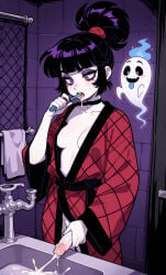1boy femboy feminine_male genderswap beetlejuice lydia_deetz robe black_hair goth high_ponytail ponytail makeup black_lipstick choker solo indoors ai_generated ghost bathroom sink faucet neckline sideboob small_breasts erection erect_penis ejaculation cum jerking masturbation brush brushing_teeth morning_wood cowboy_shot upper_body