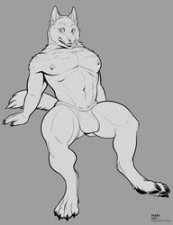 1boy 2020 4_toes anthro black_pawpads bulge canid canine canis furry_only hi_res hindpaw male male_only mammal mariart mostly_nude muscular_thighs pawpads paws restricted_palette sitting solo spread_legs spreading text toes topless_male underwear unnamed_character url wolf