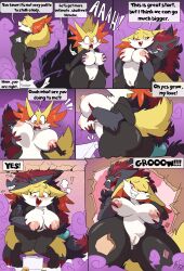 absurd_res anthro anus ass big_breasts big_butt black_body black_fur body_size_growth breasts comic delphox dialogue english_text female fuf fur generation_5_pokemon generation_6_pokemon genitals growth hair hi_res husband_and_wife inner_ear_fluff macro male male/female married_couple nintendo nipples nude pokemon pokemon_(species) pussy red_hair size_transformation text transformation tuft zoroark