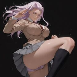 1girl ai_generated ass black_background black_socks brown_footwear brown_jacket closed_mouth collared_shirt curtained_hair curvy_body curvy_female female female_focus female_only fighting_pose fighting_stance grey_skirt hand_up himiko_(ikkitousen) huge_breasts ikkitousen jacket knee_up lavander_eyes lavander_hair lavander_panties leg_up lingerie lingerie_panties loafers long_hair long_sleeves necktie panties pleated_skirt purple_eyes purple_hair purple_panties red_necktie school_uniform schoolgirl schoolgirl_uniform sexy sexy_body sexy_female sexy_pose shirt sidelocks simple_background skirt slicked_back_hair smile soft_shadows solo thick_eyebrows thick_thighs too_sexy volumetric_lighting white_shirt wide_hips