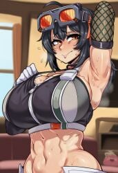 1girls 2d ai_generated arm_up armpit_fetish armpit_focus armpit_peek armpits bedroom big_breasts black_hair black_topwear blush embarrassed female female_focus female_only grace_howard hi_res hibiki120 huge_breasts indoors inside large_breasts light-skinned_female looking_aside looking_away looking_to_the_side lower_body_out_of_frame one_arm_up orange_eyes round_breasts showing_armpits smelly_armpits solo standing steam steaming_body sweat sweaty sweaty_body tied_hair topwear upper_body zenless_zone_zero zzz