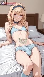1boy ai_generated bed bedroom bikini bikini_bottom bikini_top blonde blonde_hair blue_eyes bra bulge bulge_through_clothing choker femboy flat_chest high_resolution highres ilfb long_hair looking_at_viewer looking_up more_at_source on_bed original original_character otoko_no_ko panties pillow pillows sfw sfw_version sfw_version_available socks solo trap twintails