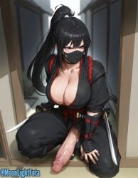 ai_generated asian asian_mythology big_breasts black_hair cleavage cock_keyhole_clothing facial_mask full-package_futa futanari huge_cock katana mask masked moonlightfuta ninja ninja_girl ponytail shinobi squatting stealth sword
