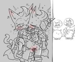anthro bandage bandaged_ear bandaged_tail battle_cat belt blush boots cloak clothed clothed_sex clothing covering covering_mouth d'arktanyan_(the_battle_cats) d'artanyan_(the_battle_cats) domestic_cat dripping duo eye_patch eyes_closed eyewear felid feline felis female footwear from_behind_position gloves hair handwear head_tuft heart_symbol long_hair looking_at_another looking_pleasured male male/female mammal penetration penile penile_penetration penis_in_vagina ponos_corp. public public_sex raised_leg sex shoes speech_bubble standing tail tail_coil the_battle_cats tremble_lines tuft u-naduki vaginal vaginal_penetration