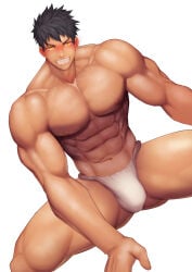 1boy abs ass_visible_through_thighs balls_under_clothes bara beefy biceps big_areola big_bulge black_hair blush broad_shoulders bulge bulge_through_clothing collarbone fundoshi fundoshi_only gay genital_outline grin hi_res hunk legs_apart looking_at_viewer male male_breasts male_only manly mature_male meisho_hanten moobs muscles muscular muscular_arms muscular_legs muscular_male muscular_neck muscular_thighs navel no_body_hair oppai orange_eyes original original_character pecs quadriceps rokushaku_fundoshi short_hair sitting six_pack slim_waist solo spread_legs topless tough_guy triceps white_background white_fundoshi yaoi