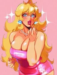 1girl absurdres applying_makeup artist_name artist_signature bare_shoulders big_breasts blonde_hair blue_eyes breasts cleavage collarbone commentary crown dress earrings female female_only gold_crown hair_between_eyes highres jewelry large_breasts lipstick long_hair makeup mario_(series) nail_polish necklace nintendo painted_nails papogochi pearl_necklace pink_dress pink_nails pointed_crown princess_peach shiny_clothes solo sphere_earrings thick_lips tight_clothes tight_dress untranslatable_commentary wide_hips