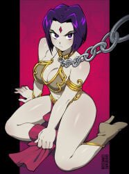 1girls 333_(dqqqdle) ass belly_dancer belly_dancer_outfit big_breasts boots breasts chain_leash chained chains cleavage conjugal_slavery cosplay dc dc_comics female female_only femsub forehead_jewel grey_skin harem_girl harem_outfit large_breasts loincloth purple_eyes purple_hair qqqewie rachel_roth raven_(dc) slave slave_bikini slave_collar slave_girl slave_leia_(cosplay) slave_outfit star_wars submissive_female teen_titans