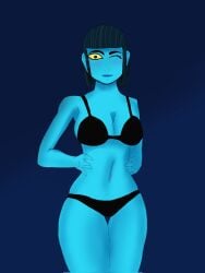 blue_body blue_skin bob_cut bra dark_hair hecate hecate_(lore_olympus) lore_olympus one_eye_closed panties short_hair wink winking yellow_eyes