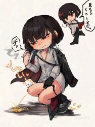 1girls artist_request black_hair cigarette coat coat_on_shoulders female female_only limbus_company peeing peeing_on_floor project_moon puddle red_eyes ryoshu_(limbus_company) short_hair smoking solo squatting tagme tagme_(artist) translation_request