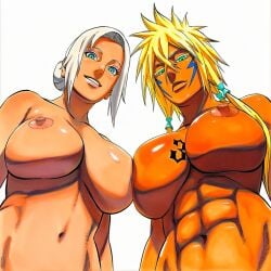 2d 2girls abs accurate_art_style accurate_body_type ai_generated areola areolae arm_at_side asymmetrical_docking bare_shoulders belly_button between_breasts black_hair bleach blonde_hair blue_eyes breasts breasts_bigger_than_head brown_skin busty cleavage closed_mouth collarbone completely_nude completely_nude_female crossover curvaceous dark-skinned_female dark_skin duo duo_focus eyelashes facial_mark female female_focus female_only from_below full_color glossy_body high_resolution highres huge_breasts jewelry large_areolae large_breasts lineart lipstick long_hair looking_at_viewer looking_down looking_down_at_viewer low-angle_view low_twintails mabui masashi_kishimoto_style mature_female multiple_girls nail_polish naruto naruto_(series) naruto_shippuden navel nipples no_bra nude nude_female official_style out-of-frame_censoring parted_lips pose shiny shiny_hair shiny_skin short_eyebrows simple_background smooth_skin soft_shading standing symmetrical_docking take_your_pick tattoo thin_eyebrows tia_harribel upper_body viewed_from_below visible_nipples voluptuous voluptuous_female wafuku white_background white_hair