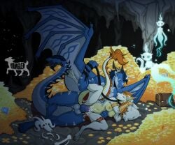 absurd_res anthro belt_collar big_breasts blue_body blue_gem bodily_fluids bone breasts cave coin crown cum cum_inside detailed_background dominant dragon duo emerald_(gem) female gem genital_fluids genitals ghost gold_(metal) gold_jewelry hand_on_hip headgear hi_res jewelry male male/female markings mimic mimic_chest mythological_creature mythological_scalie mythology nude orb penetration penis pillow radek_jargon rock ruby_(gem) scalie sex shield silver_(metal) size_difference skull spiked_tail spikes spikes_(anatomy) spirit striped_body striped_markings striped_tail stripes tail tail_markings tattoo treasure treasure_chest treasure_hoard vaginal vaginal_penetration vulva white_body wings yamgler