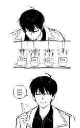 1boy ahoge coat collared_shirt commentary english_commentary greyscale grin highres index_finger_raised kim_dokja male_focus monochrome multiple_persona multiple_views omniscient_reader's_viewpoint open_clothes open_coat popped_collar shirt short_hair smile sparkle taotaille taste_testing yoo_joonghyuk