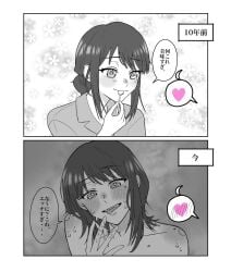 1girl after_fingering bite_mark bite_mark_on_shoulder blush cho_kaguya-hime! commentary_request female female_only greyscale hair_bun heart highres holding holding_spoon implied_yuri kaguya_(cho_kaguya-hime!) ku3_3_3_3ku mole mole_under_eye monochrome pussy_juice pussy_juice_on_fingers sakayori_iroha smile speech_bubble spoken_heart spoon spot_color tongue tongue_out translation_request
