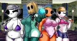 chetoh egg white_body black_eyes original original_character original_characters oc claire_(chetoh) mandy_(chetoh) amy_(chetoh) rose_(chetoh) chubby chubby_female female female_only female_focus bald_female bald 4girls clothed clothed_female pubic_hair carpet_matching_drapes female_pubic_hair leaf_pubes leaf_hair leaf pubic_hair_peek belly belly_button photo_background smile smiling smiling_at_viewer wink winking_at_viewer hat orange_body looking_at_viewer bikini purple_bikini backwards_cap baseball_bat bat holding_bat holding_object tongue tongue_out paper_bag paper_bag_on_head hair black_hair green_clothing naked_under_clothes green_stockings stockings plant_arm holding_orb orb blue_orb fingerless_gloves gloves pink_leotard leotard breasts crop_top booty_shorts shorts gun holding_gun