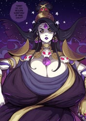 1girls alternate_breast_size big_breasts black_hair breasts dmxwoops english_text female gigantic_breasts hades_(game) huge_breasts large_breasts mature mature_female nyx_(hades) speech_bubble text zagreus