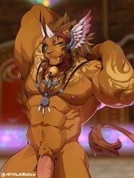 2020 3:4 abs anthro biceps clothing collar dreadlocks felid final_fantasy final_fantasy_xiv flaccid furry_only genitals hair headgear headwear heterochromia hi_res hotitaliansosig hrothgar jewelry male male_only mammal muscular muscular_anthro muscular_male necklace nipples pecs penis pose pubes solo square_enix triceps video_games