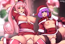 2boys 2girls alternate_costume arms_behind_head arms_up bare_thighs bernadetta_von_varley bernadetta_von_varley_(winter) blush breasts breasts_out byleth_(fire_emblem) byleth_(fire_emblem)_(male) censored christmas elbow_gloves female fire_emblem fire_emblem:_three_houses girl_on_top gloves group_sex hilda_valentine_goneril hilda_valentine_goneril_(winter) large_breasts long_hair lumarianne20 male multiple_boys multiple_girls nintendo nipples open_mouth open_smile pink_eyes pink_hair purple_eyes purple_hair pussy pussy_cutout santa_hat scarf shirt_lift short_hair shorts small_breasts spread_legs thighhighs torn_clothes torn_shorts twintails