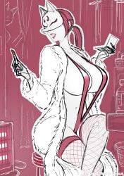 1girl bandai_namco breasts cleavage coat female female_only fishnet_thighhighs fishnets fur_coat high_res huge_breasts j_no_2ban kunimitsu kunimitsu_(tekken) leggings lipstick long_hair mature mature_body mature_female mature_figure mature_woman milf namco namco_bandai ninja red_lipstick slingshot_swimsuit smile stockings swimsuit tekken