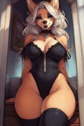 ai_generated blue_eyes breasts canid choker cleavage clothed clothing dark_makeup female female_only full_frontal furry furry_female hair half-closed_eyes indoors inside jackal leaning_back leaning_on_hands leaning_on_table looking_at_viewer makeup mammal seductive seductive_eyes seductive_look seductive_pose sexy_pose stockings tan_body thick_hips thick_thighs white_hair