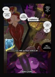 2futas ann_takamaki ann_takamaki_(panther) blonde_hair boobs_out breasts_out carmen_(megami_tensei) collar comic commission dialogue dungeon futanari futanari_only heart_nipples mask masked masked_female onomatopoeia persona persona_5 pink_gloves pink_skin smegma stinky summon summoning text_bubble topless zyldark