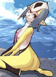 1girls ass ass_crack ass_focus background blue_hair blue_submarine_no._6 boobs_covered covered_nipples cute elf_ears feet female female_only fish_girl fish_humanoid humanoid lol_(artist) looking_at_viewer looking_back marine marine_humanoid mermaid monster monster_girl mutio pointy_ears red_eyes short_hair sideboob skinny yellow_skin