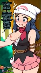 ai_generated stable_diffusion rasilinai 1girl 1girls dawn_(pokemon) pokemon beanie scared open_mouth scared_expression blush sweat captured captured_female forced imminent_rape imminent_sex rape forest outdoors blurry_background one_breast_out nipples groping rope bondage rope_bondage bound bound_wrists bound_arms arms_behind_back hands_behind_back english text english_text tagme blue_hair blue_eyes 1boy groping_breasts