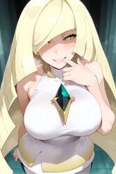 lusamine_(pokemon) lusamine pokemon pokemon_sm female mature mature_female female_only focus seductive girl 1girl seductive_look sex sexy blonde_hair blonde_female smile excited wet sweat standing looking_at_viewer ass breasts big_breasts green_eyes pervert pervert_female fingers finger_in_mouth one_eye_obstructed ai_generated furiwif07