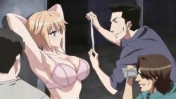 1girl 3boys armpits arms_behind_head arms_up belly bikini blonde_hair bob_cut bra breasts choppy_bangs green_eyes hair_flaps highres large_breasts midriff multiple_boys panties pink_bikini pink_bra pink_panties presenting_armpit restrained seikon_no_qwaser short_hair stomach swimsuit teresa_beria underwear