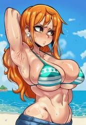 armpits arm_up one_arm_up armpit_fetish armpit_peek armpit_focus showing_armpits blush embarrassed looking_aside looking_away looking_to_the_side sweat sweaty_body sweaty steam steaming_body smelly_armpits 1girls solo female_only female_focus standing upper_body lower_body_out_of_frame female ai_generated hibiki120 hi_res 2d beach light-skinned_female nami_(one_piece) one_piece long_hair orange_eyes bikini green_bra blue_shorts shorts