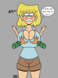 1boy 1boy1girl 1girls blonde_female blonde_hair blush bobby_santiago breast_grab breasts cleavage clenched_teeth clothed_female dark-skinned_male dark_skin disembodied_hand earrings english_text female female_focus front_view frown grey_background large_breasts latino light-skinned_female light_skin lori_loud lt03official nickelodeon nicktoons offscreen_character offscreen_male short_hair simple_background speech_bubble standing surprised surprised_expression teenage_girl teenager the_loud_house
